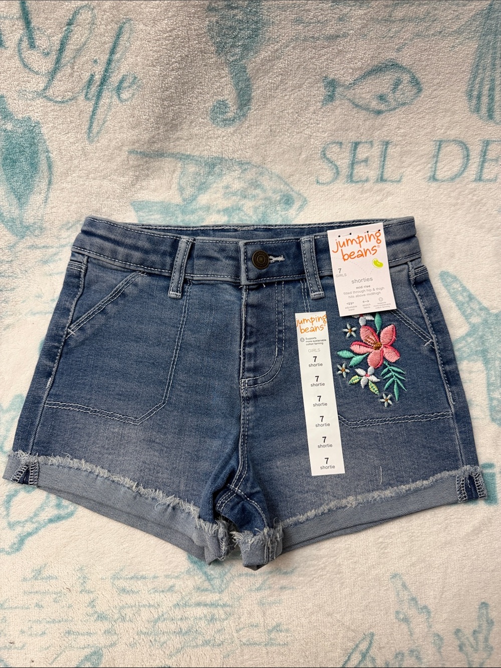 jumping beans Girl’s Blue Denim Shorts w/ Pink Floral Embroidery